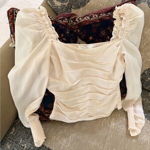 Astr Cream Ruched Blouse with Puffed Sleeves